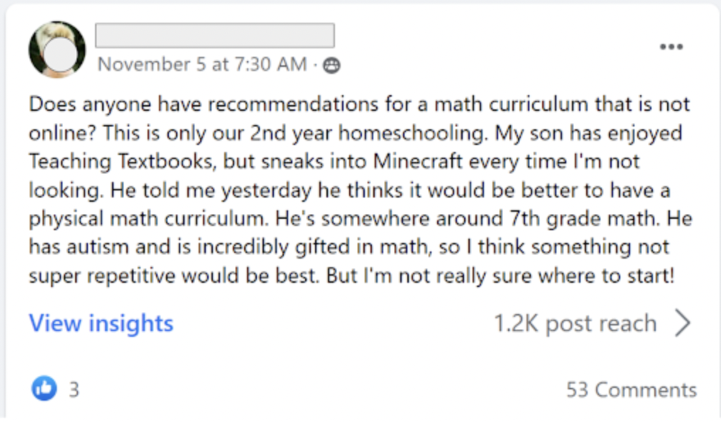 Facebook post screenshot asking for math curriculum recommendations