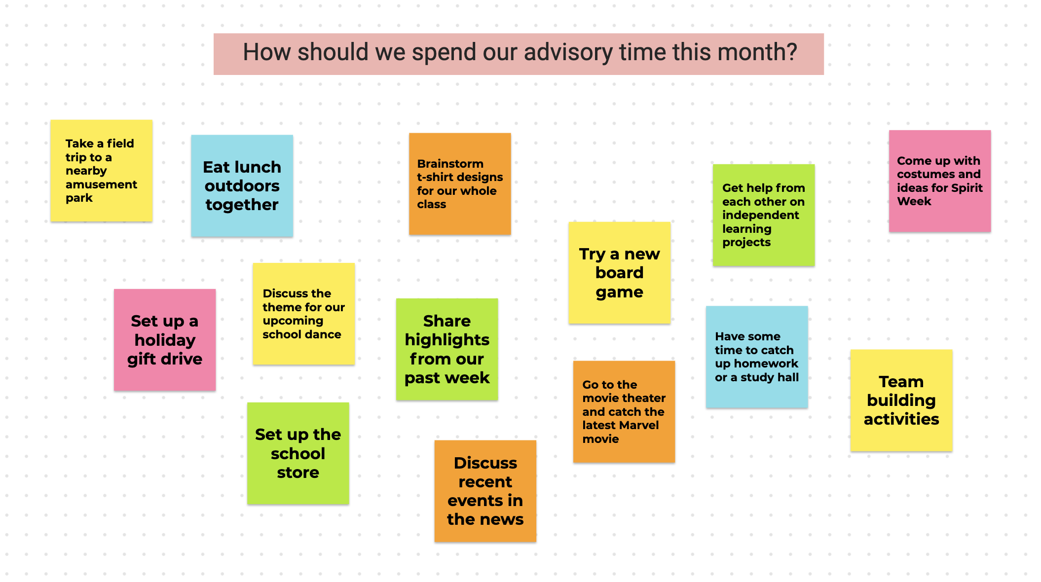 A digital white bulletin board with a question prompt that asks “How should we spend our advisory time this month?” along with 14 colorful post-it notes. Each post-it note has a suggestion or idea in response to the prompt.