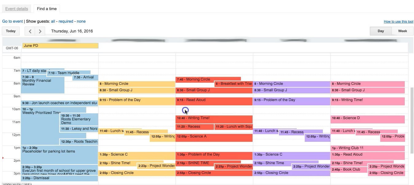 This screenshot shows how different each student's schedule can be at Roots.