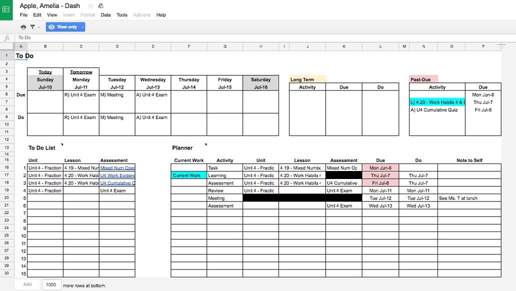 This is a sample weekly planning sheet from the Google version of the LPS student dashboard.