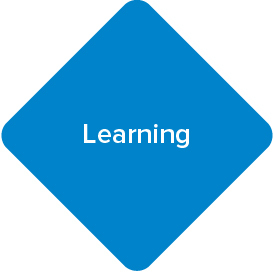 Blue diamond shape that reads Learning
