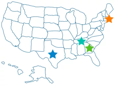 Outline of United States showing colorful stars in the following states: Georgia, Tennessee, Texas, and Rhode Island
