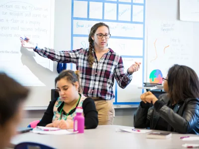 Teacher gestures at white board, speaking with students
