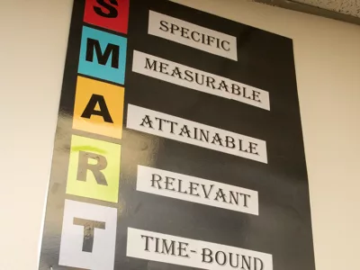 Photo of poster board that reads SMART: Specific, Measurable, Attainable, Relevant, Time-Bound
