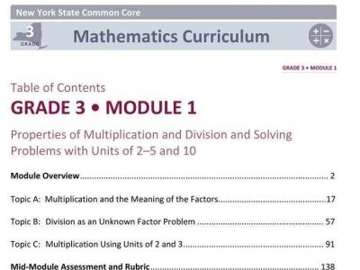 Worksheet detailing math common core standard for Grade 3, Module 1
