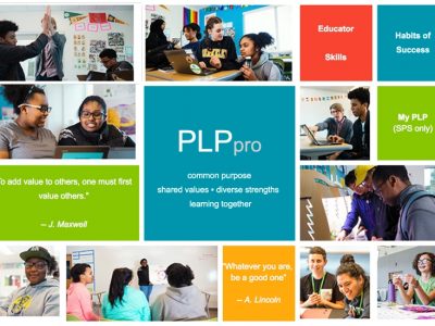 Screenshot of PLP Pro website that shows several colorful squares mixed in with photos of students learning, quotes, and PLP Pro website options
