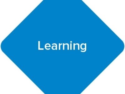Blue diamond shape that reads Learning
