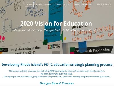 Screenshot of Rhode Island Design-Based Education Strategic Planning Process, which shows “2020 Vision for Education, Rhode Island’s Strategic Plan for PK-12 & Adult Education, 2015-2020” on top of a wall of illustrations, alongside text that reads “Developing Rhode Island’s PK-12 education strategic planning process,” and a quote, “We came up with this crazy idea that instead of [RIDE] developing the plan, we’ll ask community members to do it. We knew it was right, but it was scary. This is going to be a plan that RI is going to take and use for the next 5 years to do amazing things for the children of the state.”
