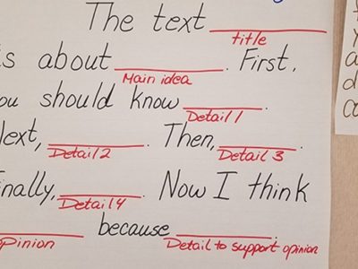 Written chart titled "Non-Fiction Summary." The text below presents sentence prompts for students to use and reads: "The text (blank - title) is about (blank - main idea). First, you should now (blank - detail 1). Next, (blank - detail 2). Then, (blank - detail 3). Finally, (blank - detail 4). Now I think (blank - opinion) because (blank - detail to support opinion).
