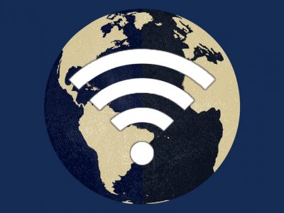 Graphic of the Earth on blue background with wifi signal icon in the center

