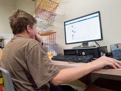 Student sits with hand on computer mouse while looking at computer screen
