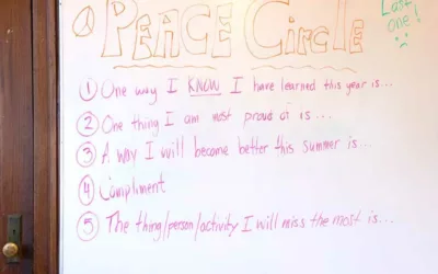 White board showing conversation prompts for students for a Peace Circle meeting