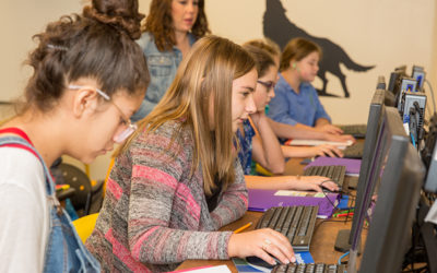 Students work on computers as teacher looks on behind them