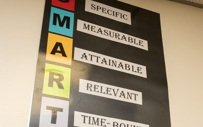 Photo of poster board that reads SMART: Specific, Measurable, Attainable, Relevant, Time-Bound