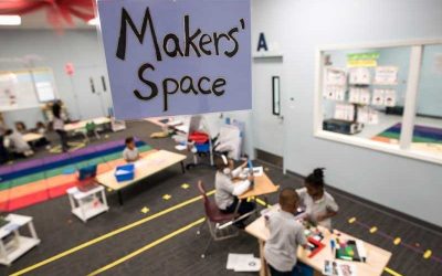 Photo of classroom and students with closeup of sign "Maker Space"