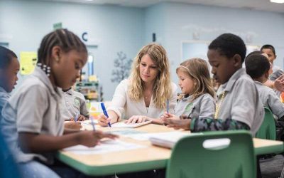 Photo of teacher working with a group of students at table in classroom