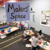 Photo of classroom and students with closeup of sign "Maker Space"