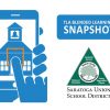 Graphic of a hand holding a smartphone, tapping the screen, where a school building is shown. On the side is a box that reads "TLA Blended Learning Snapshot," and beneath it is the logo for the Saratoga Union School District.
